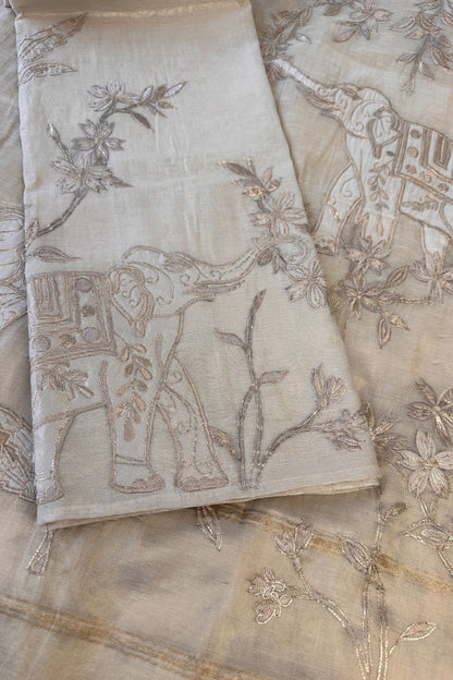 Banarasi Tissue Ivory Shaded Golden Thread Work Hand Embroidered Unstitched Suit Set
