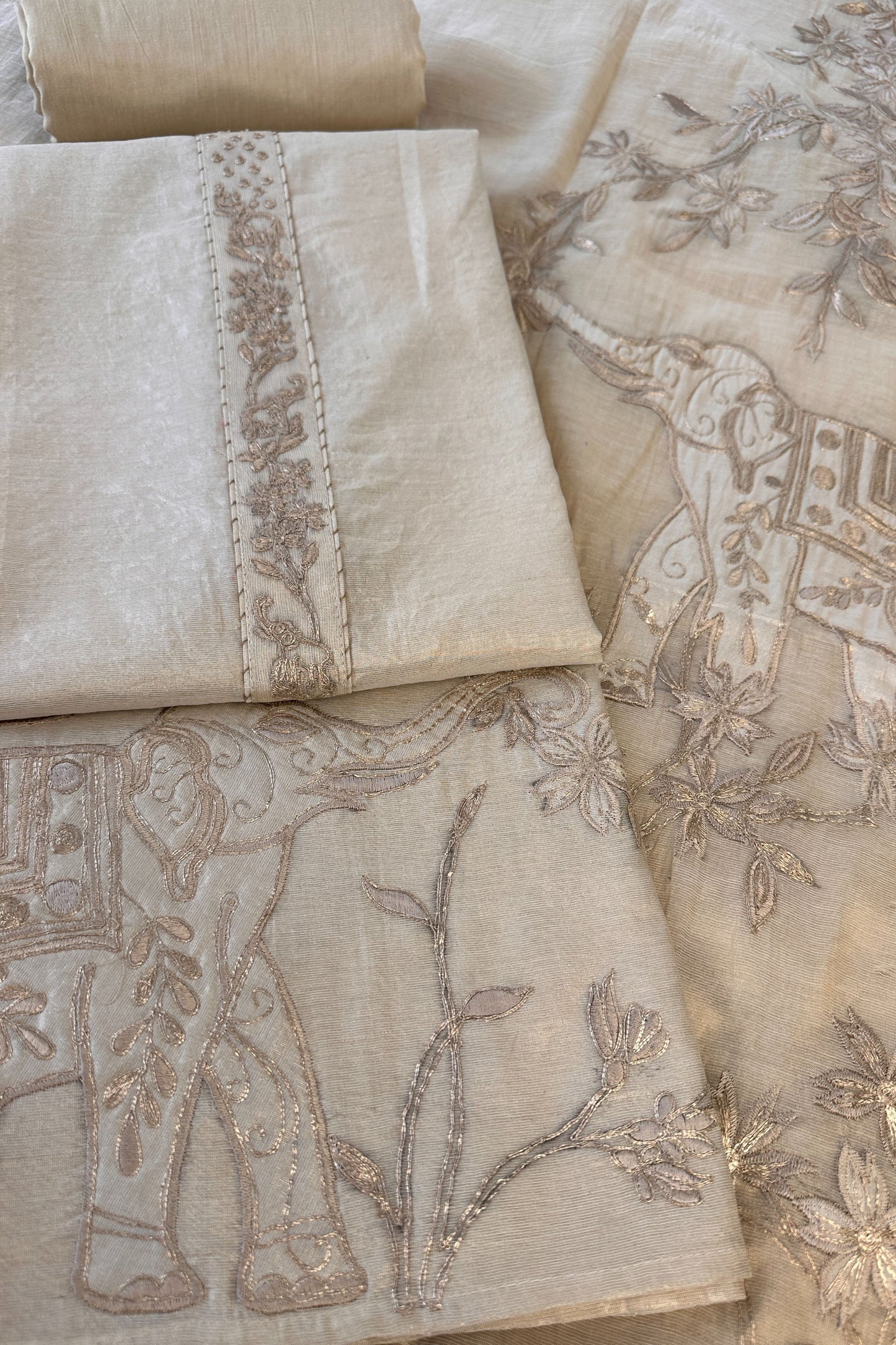 Banarasi Tissue Ivory Shaded Golden Thread Work Hand Embroidered Unstitched Suit Set