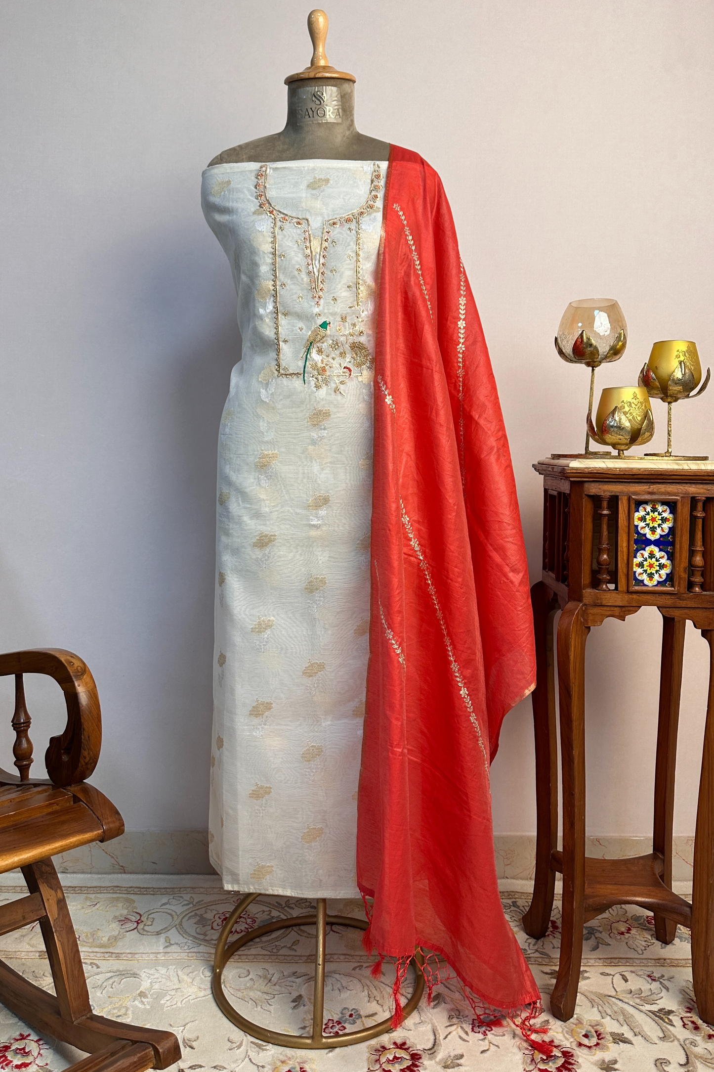 Banarasi Weaved Off-White Zardozi Special Parrot Motif Unstitched Suit Set