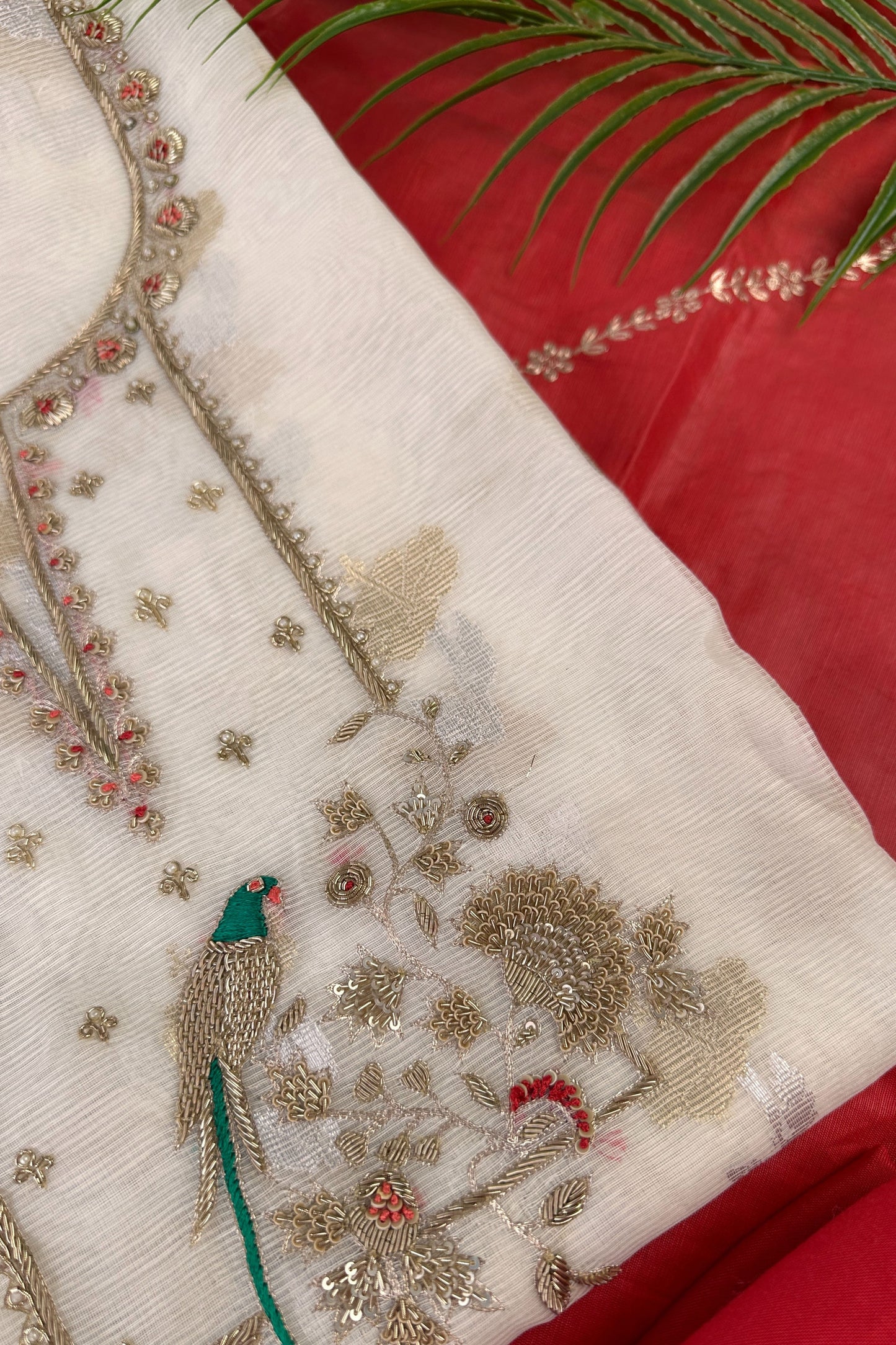 Banarasi Weaved Off-White Zardozi Special Parrot Motif Unstitched Suit Set