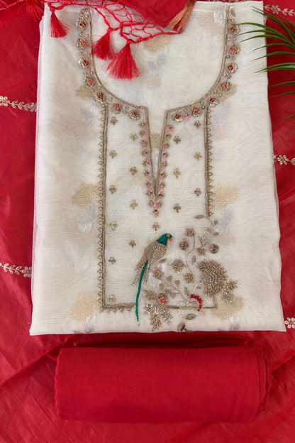 Banarasi Weaved Off-White Zardozi Special Parrot Motif Unstitched Suit Set