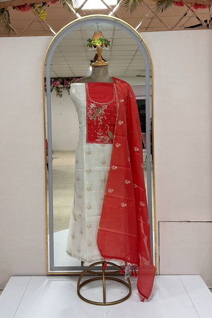Banarasi Weaved Zardozi Embroidered Unstitched Suit Set With Contrast Dupatta