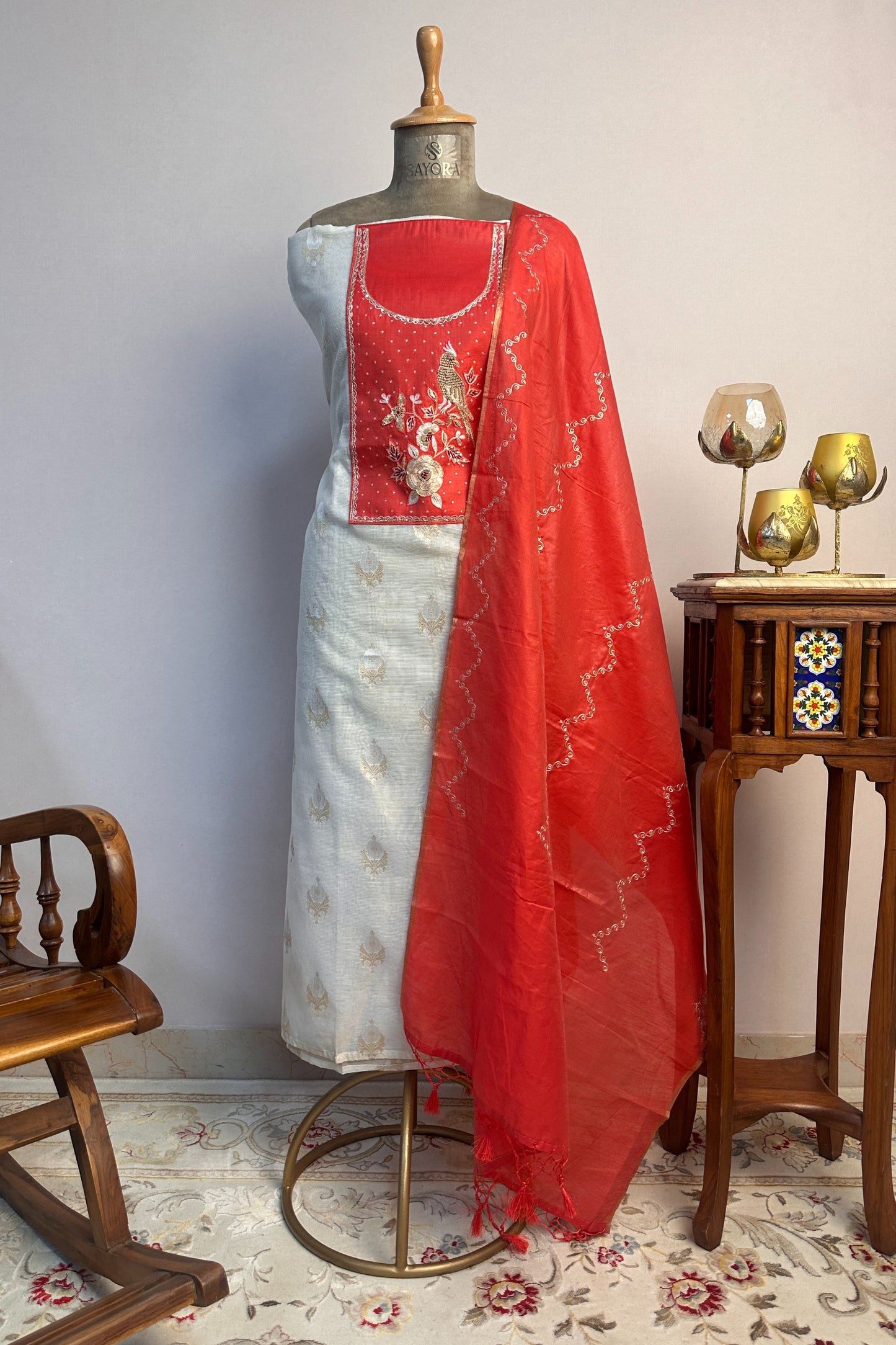 Banarasi Weaved  Zardozi Embroidered Unstitched Suit Set With Pitta Work Dupatta