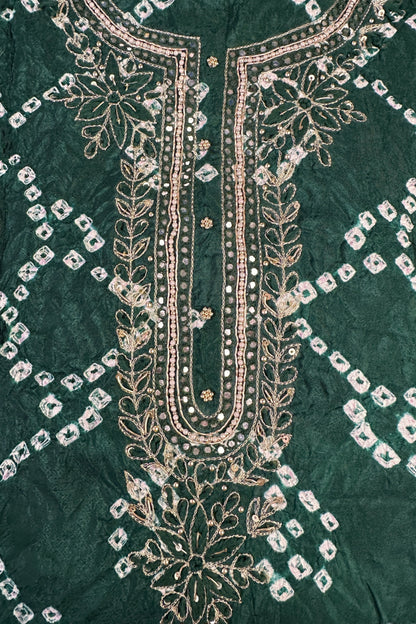 Bandhni Dark Green Silk Unstitched Suit With Thread And Mirror Handwork