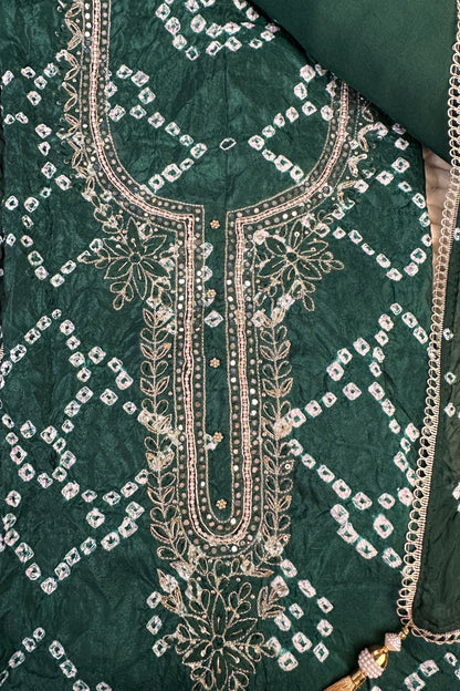 Bandhni Dark Green Silk Unstitched Suit With Thread And Mirror Handwork