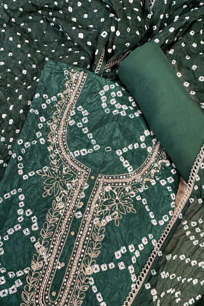 Bandhni Dark Green Silk Unstitched Suit With Thread And Mirror Handwork