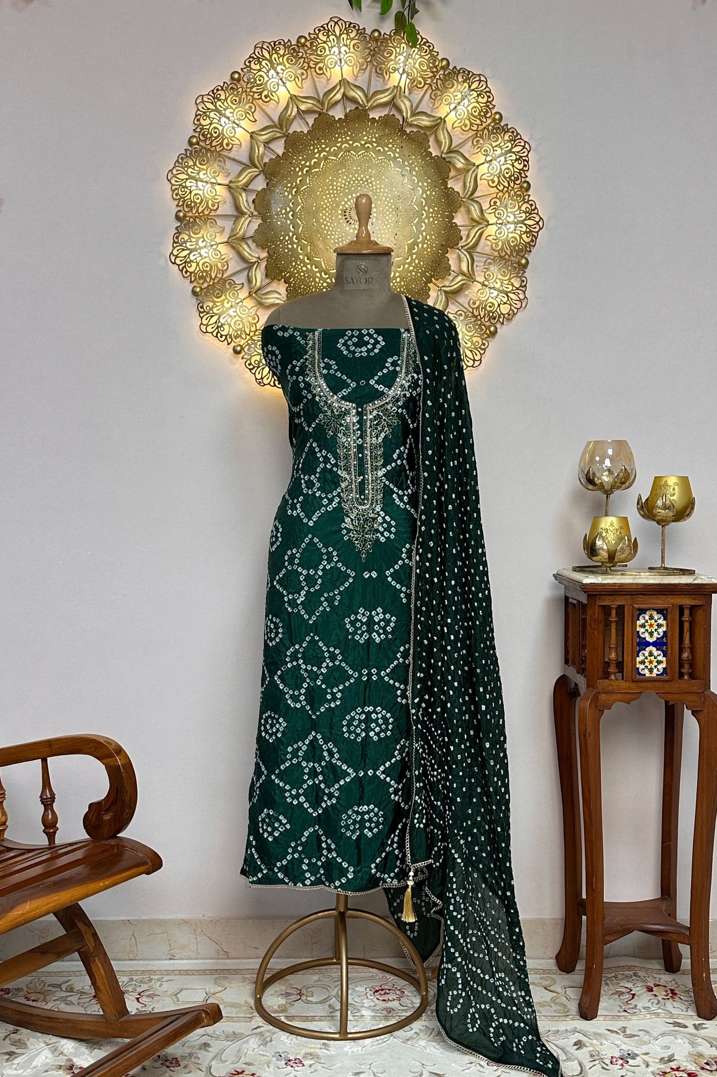 Bandhni Dark Green Silk Unstitched Suit With Thread And Mirror Handwork