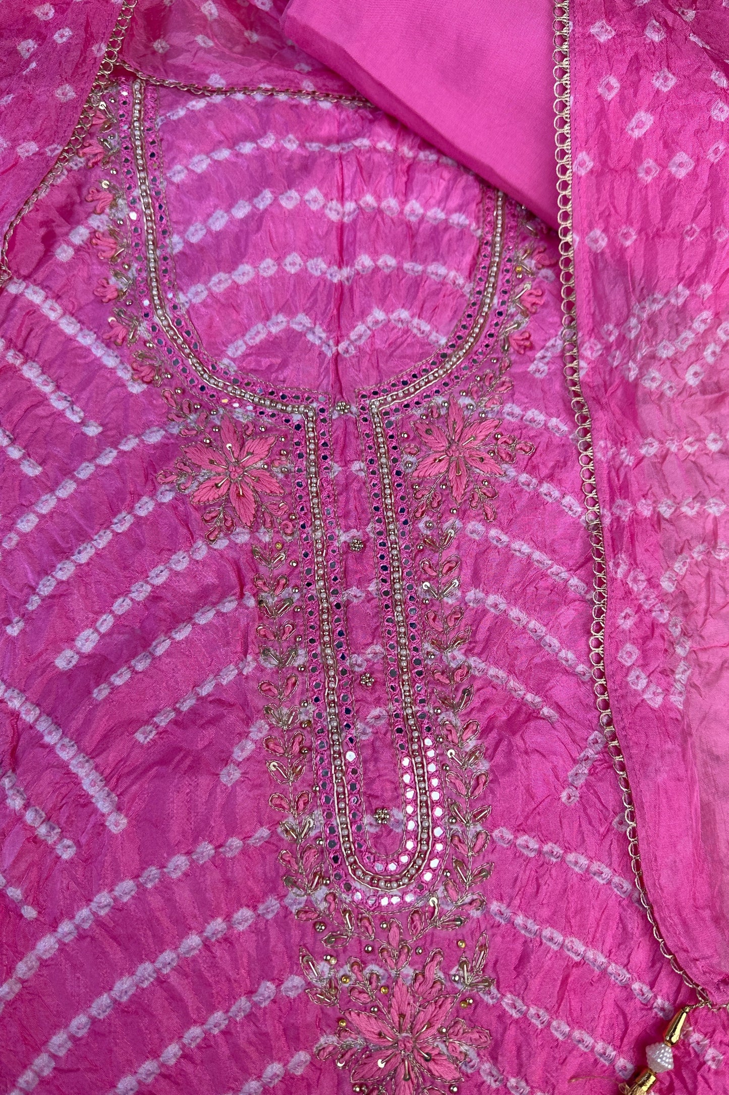 Bandhni Light Pink Silk Unstitched Suit With Thread And Mirror Handwork