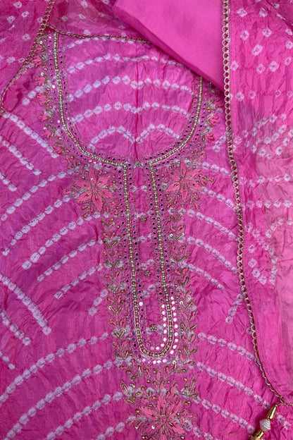 Bandhni Light Pink Silk Unstitched Suit With Thread And Mirror Handwork