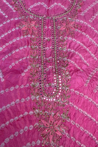 Bandhni Light Pink Silk Unstitched Suit With Thread And Mirror Handwork