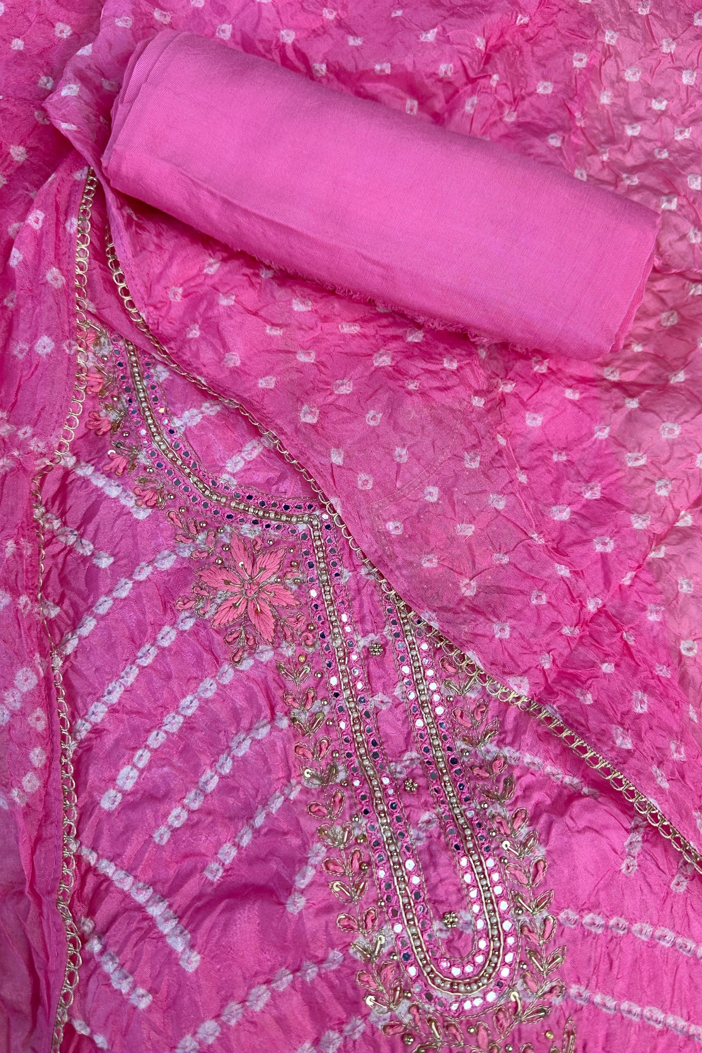 Bandhni Light Pink Silk Unstitched Suit With Thread And Mirror Handwork