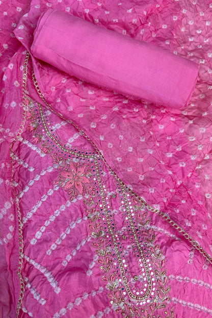Bandhni Light Pink Silk Unstitched Suit With Thread And Mirror Handwork