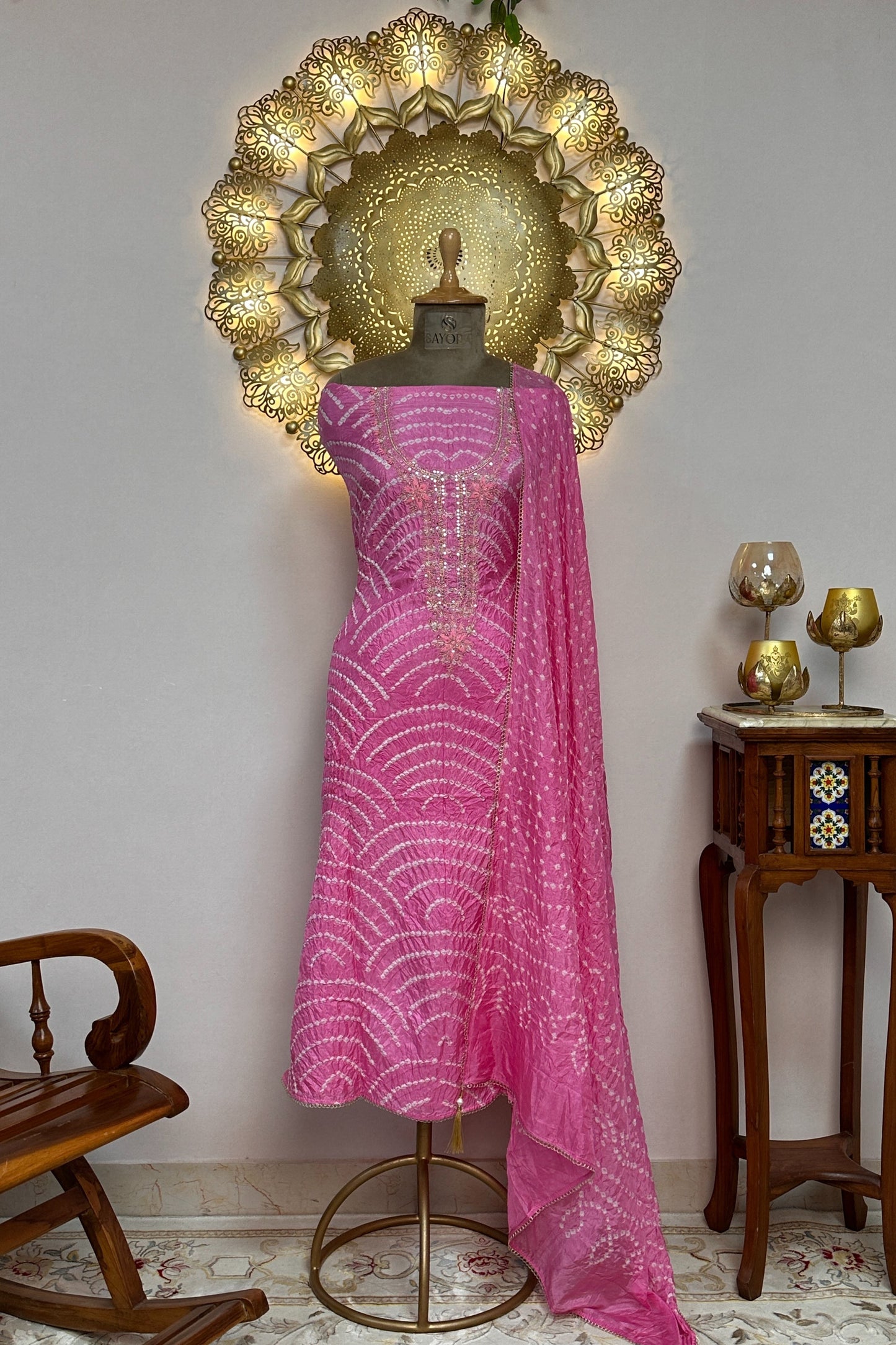 Bandhni Light Pink Silk Unstitched Suit With Thread And Mirror Handwork