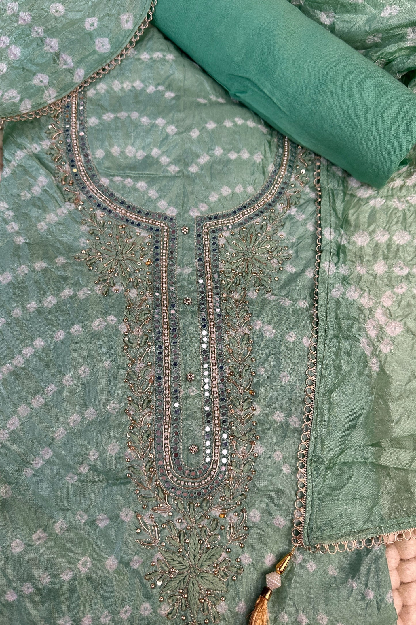 Mint Green Bandhni Silk Unstitched Suit With Thread And Mirror Handwork