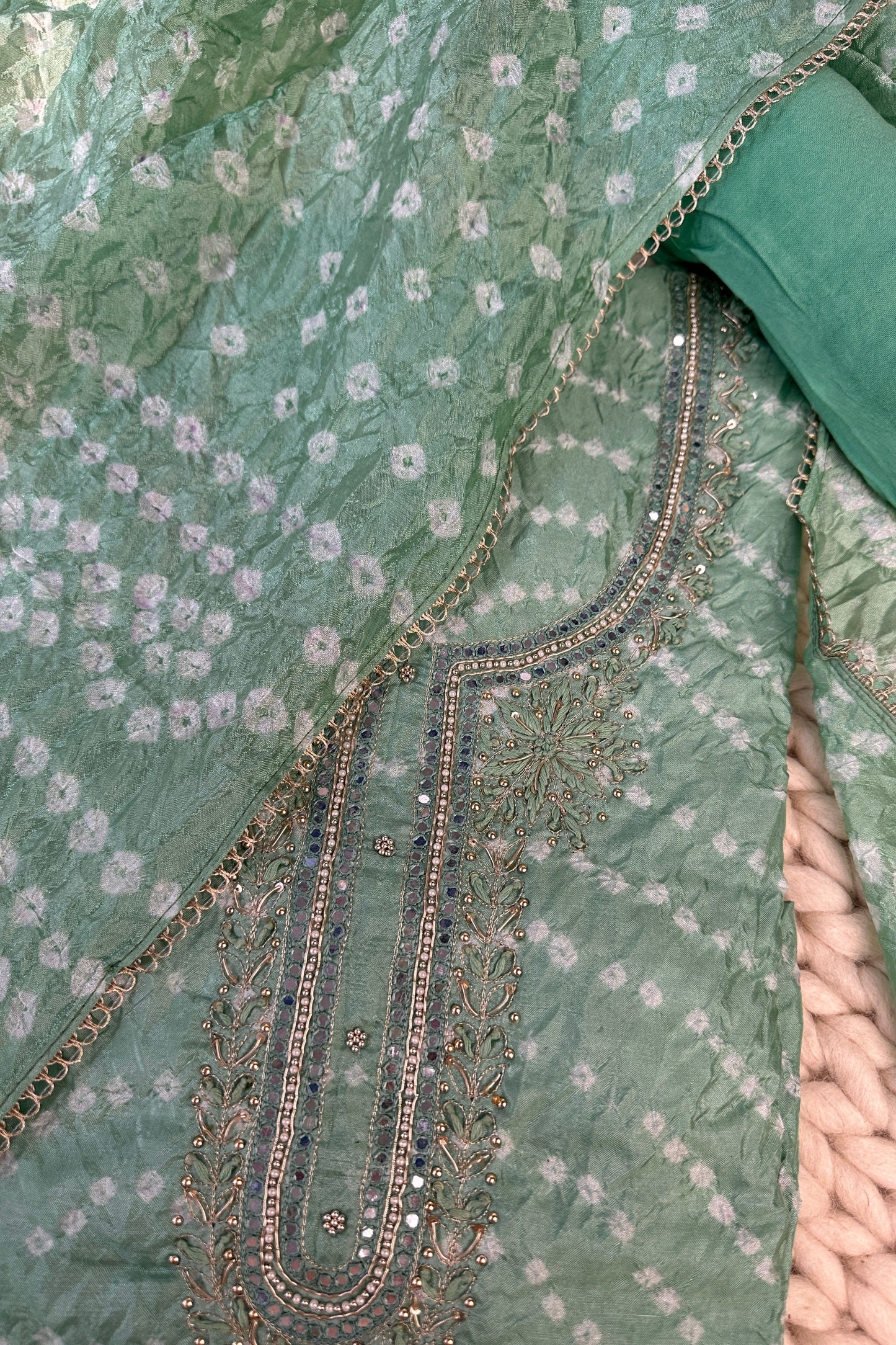 Mint Green Bandhni Silk Unstitched Suit With Thread And Mirror Handwork