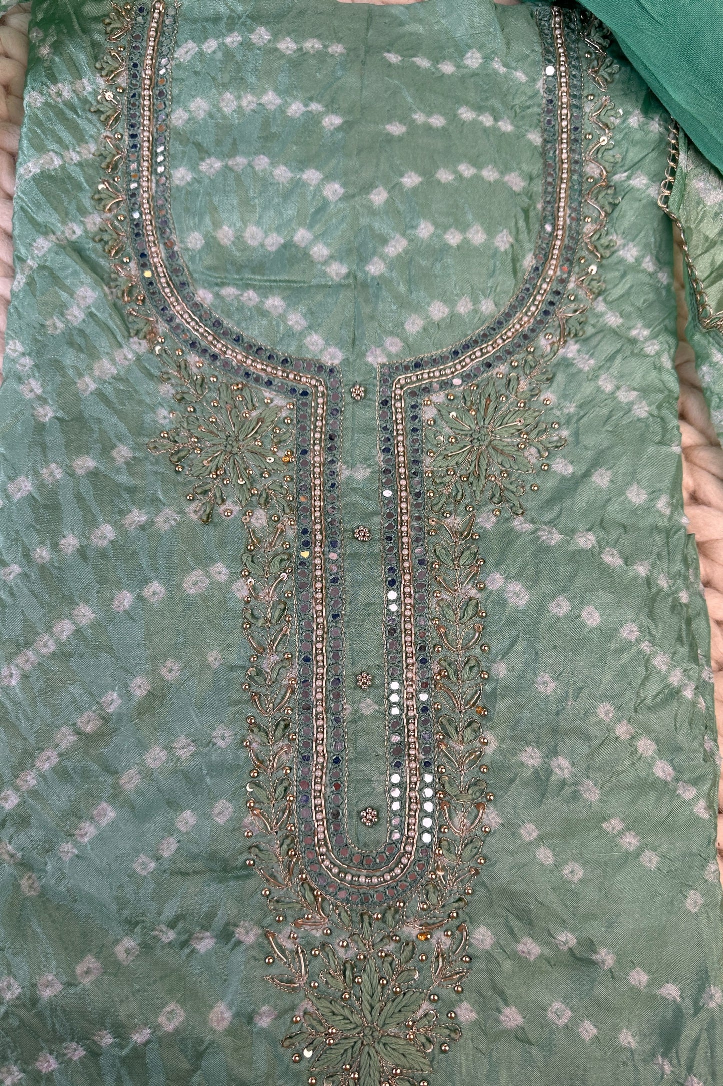 Mint Green Bandhni Silk Unstitched Suit With Thread And Mirror Handwork