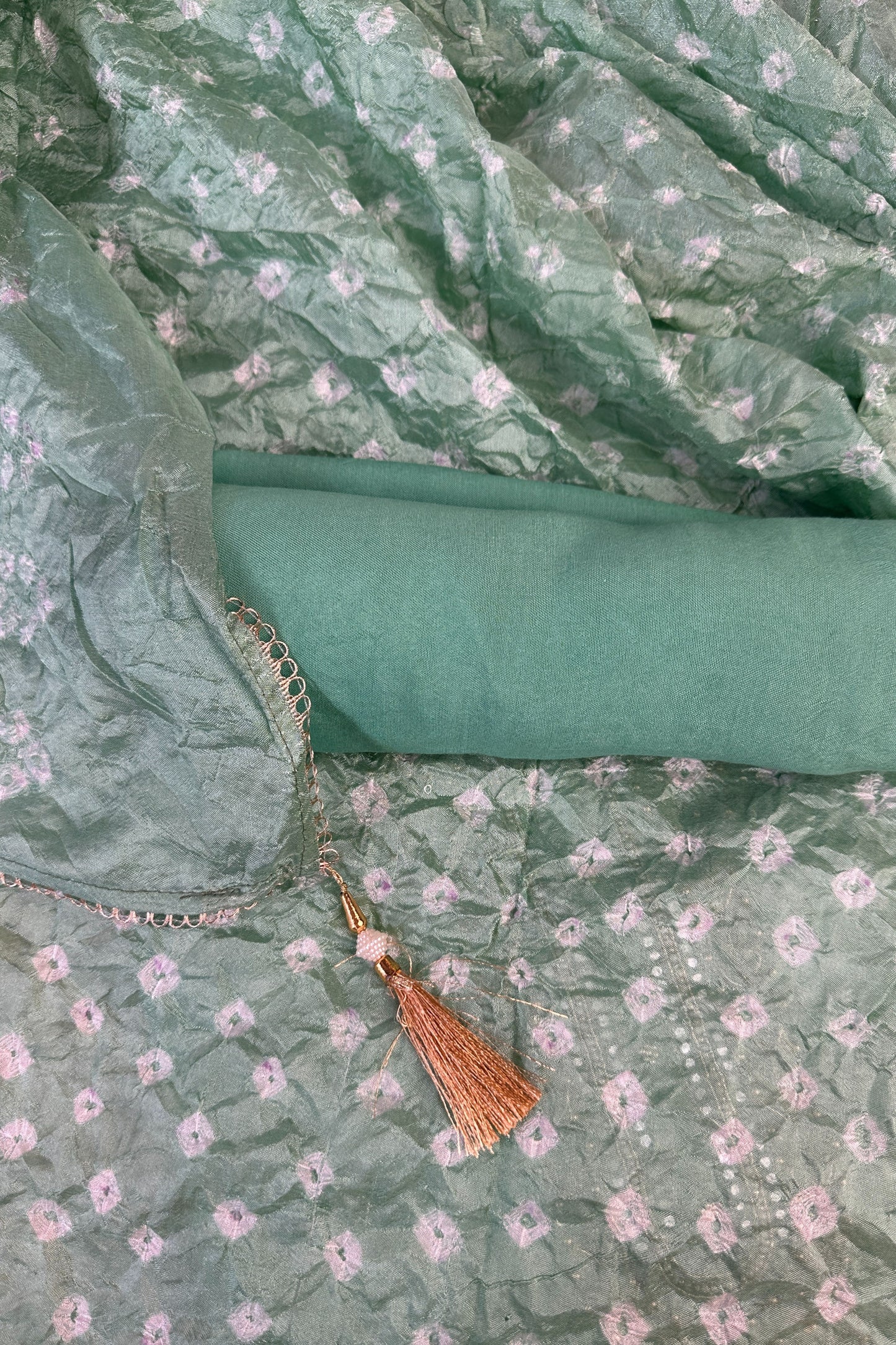 Mint Green Bandhni Silk Unstitched Suit With Thread And Mirror Handwork