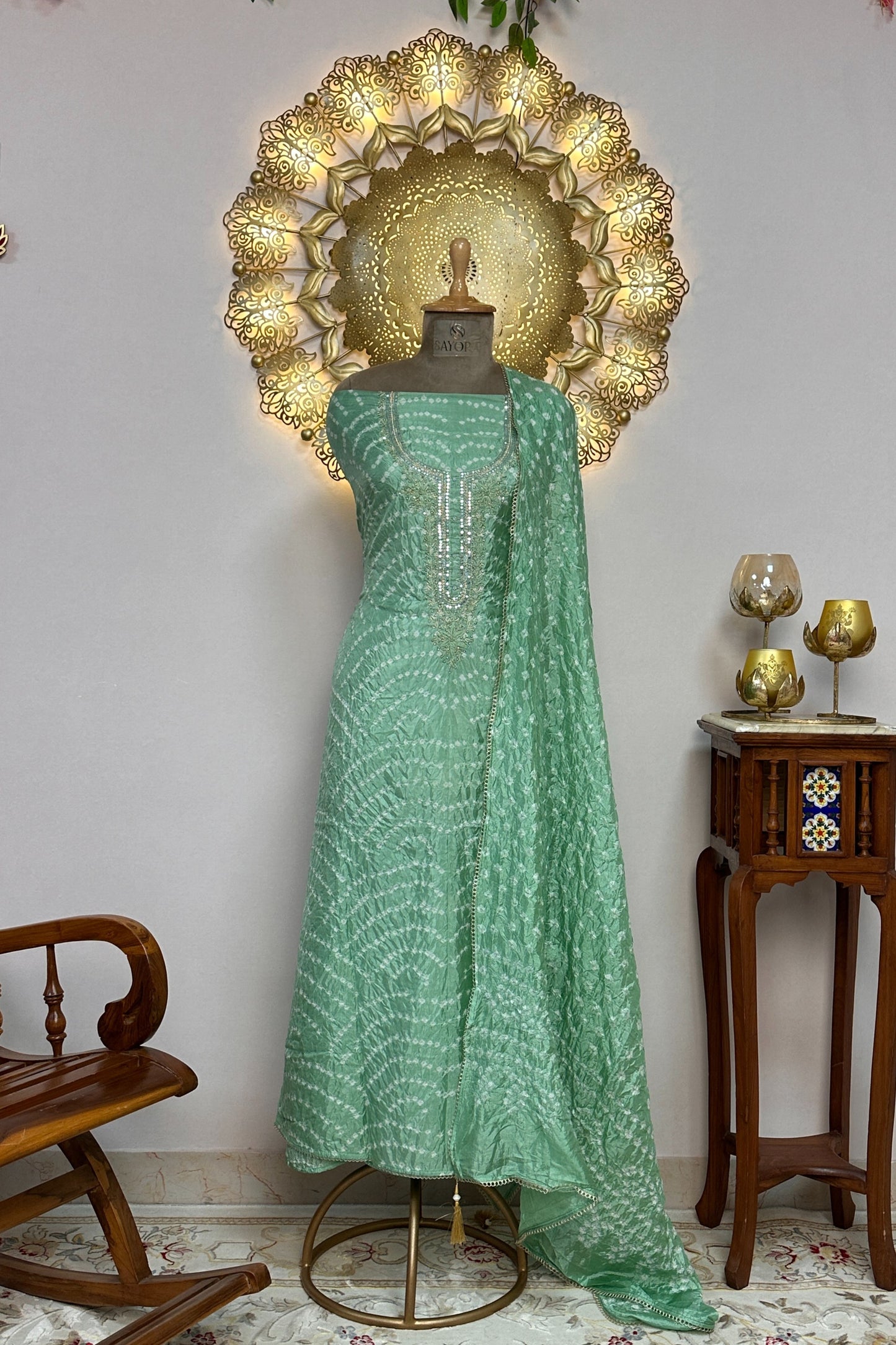 Mint Green Bandhni Silk Unstitched Suit With Thread And Mirror Handwork