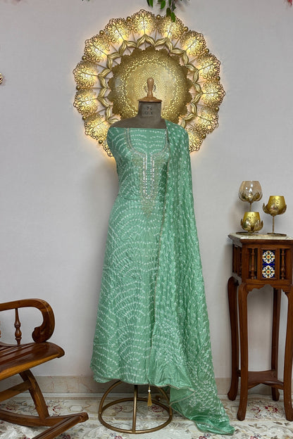 Mint Green Bandhni Silk Unstitched Suit With Thread And Mirror Handwork