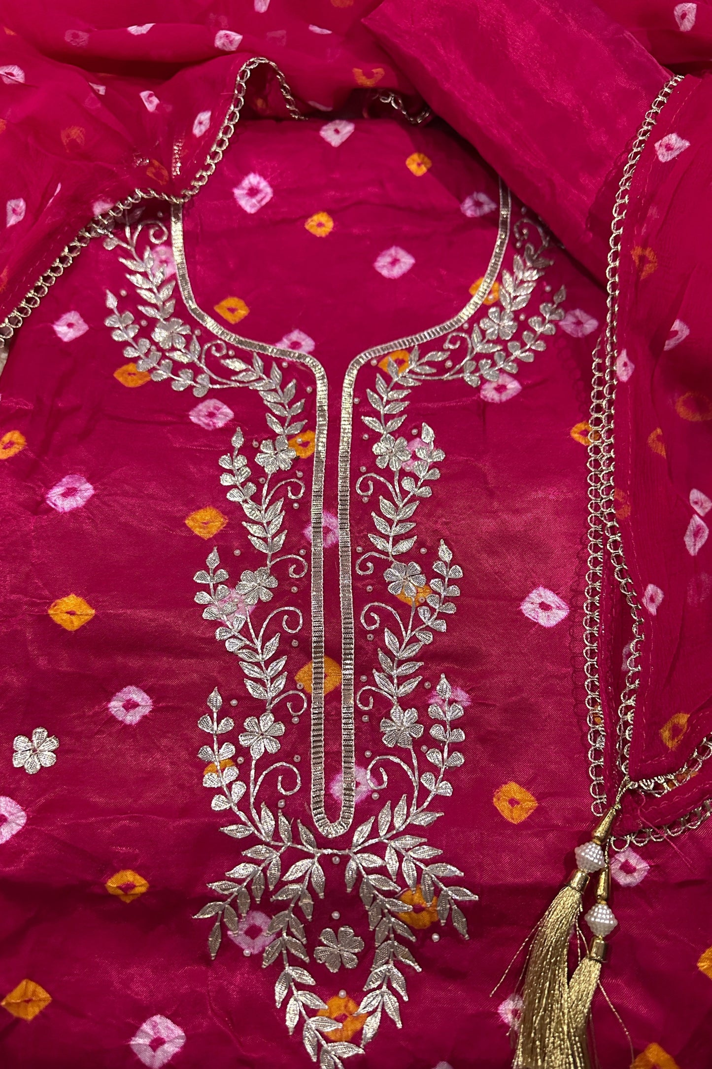 Bandhni Pink Gajji Silk Unstitched Suit Set With Gota Patti Work