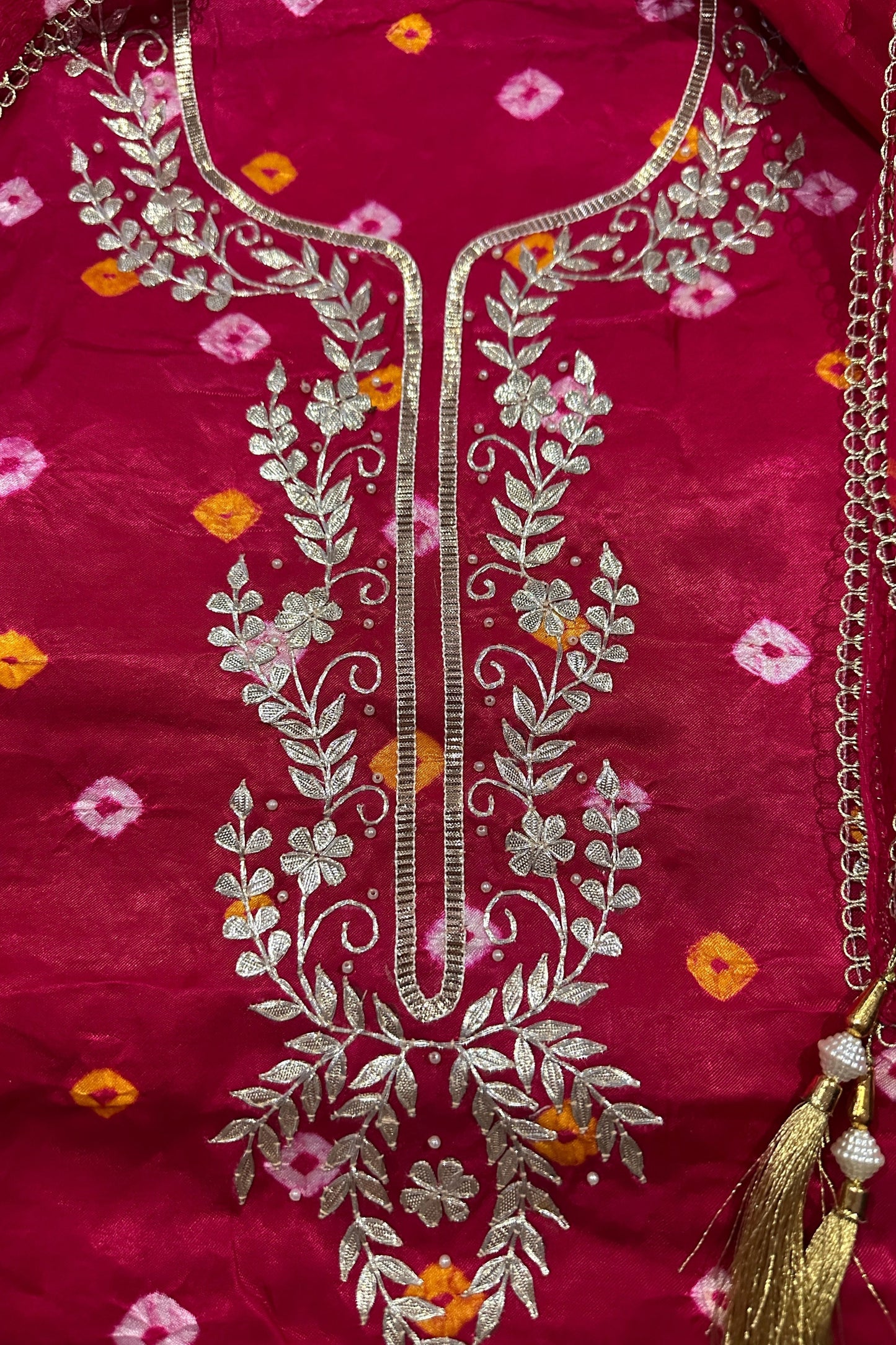 Bandhni Pink Gajji Silk Unstitched Suit Set With Gota Patti Work