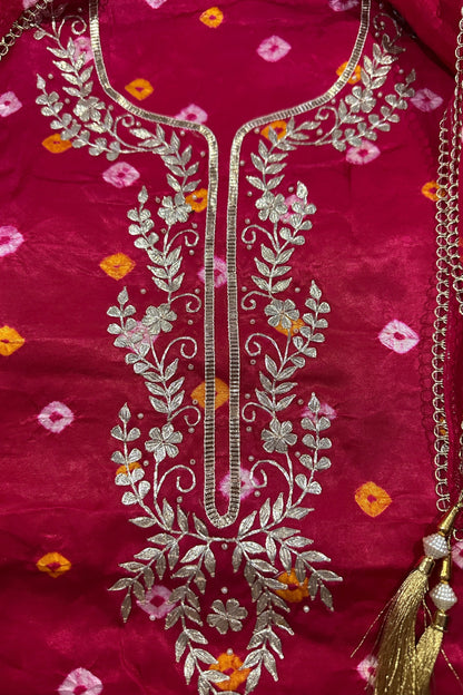 Bandhni Pink Gajji Silk Unstitched Suit Set With Gota Patti Work