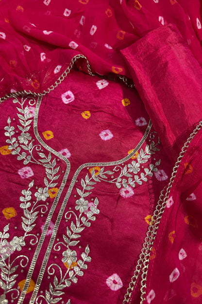 Bandhni Pink Gajji Silk Unstitched Suit Set With Gota Patti Work