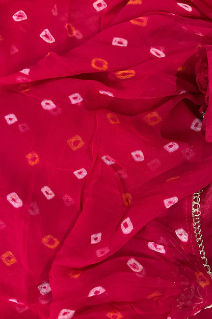 Bandhni Pink Gajji Silk Unstitched Suit Set With Gota Patti Work