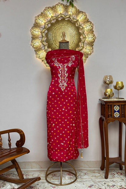 Bandhni Pink Gajji Silk Unstitched Suit Set With Gota Patti Work