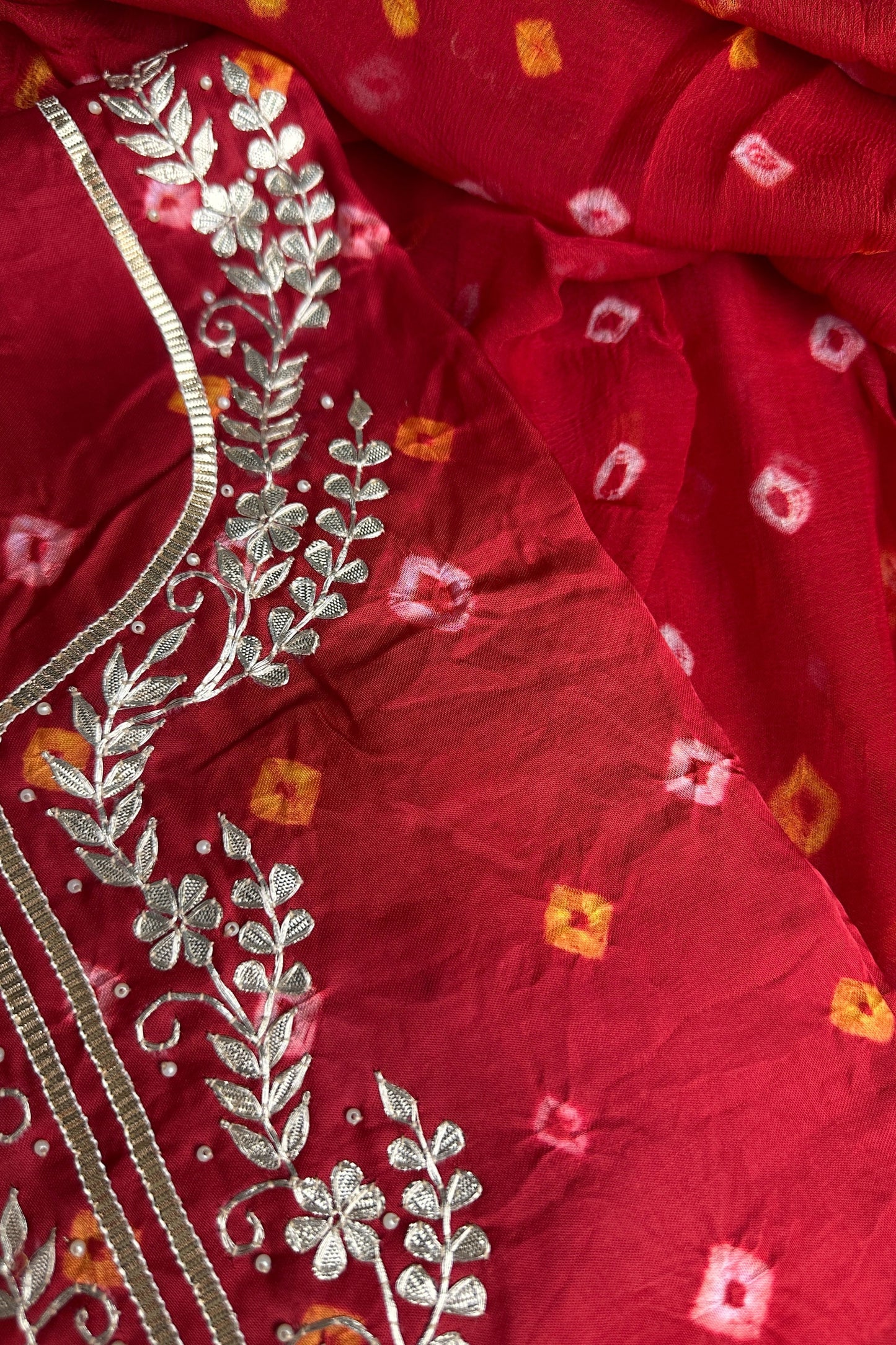 Bandhni Red Gajji Silk Unstitched Suit Set With Gota Patti Work