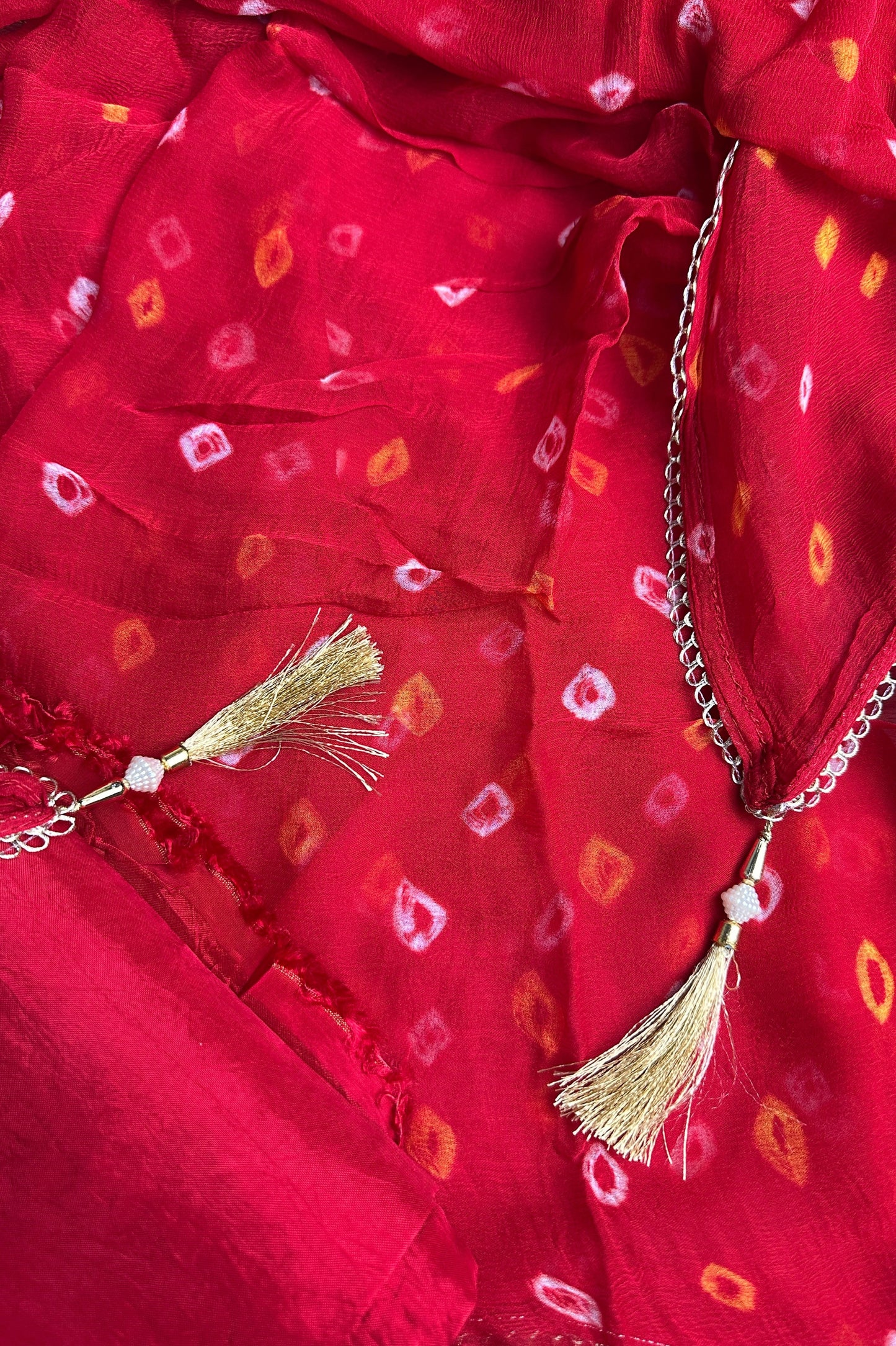 Bandhni Red Gajji Silk Unstitched Suit Set With Gota Patti Work