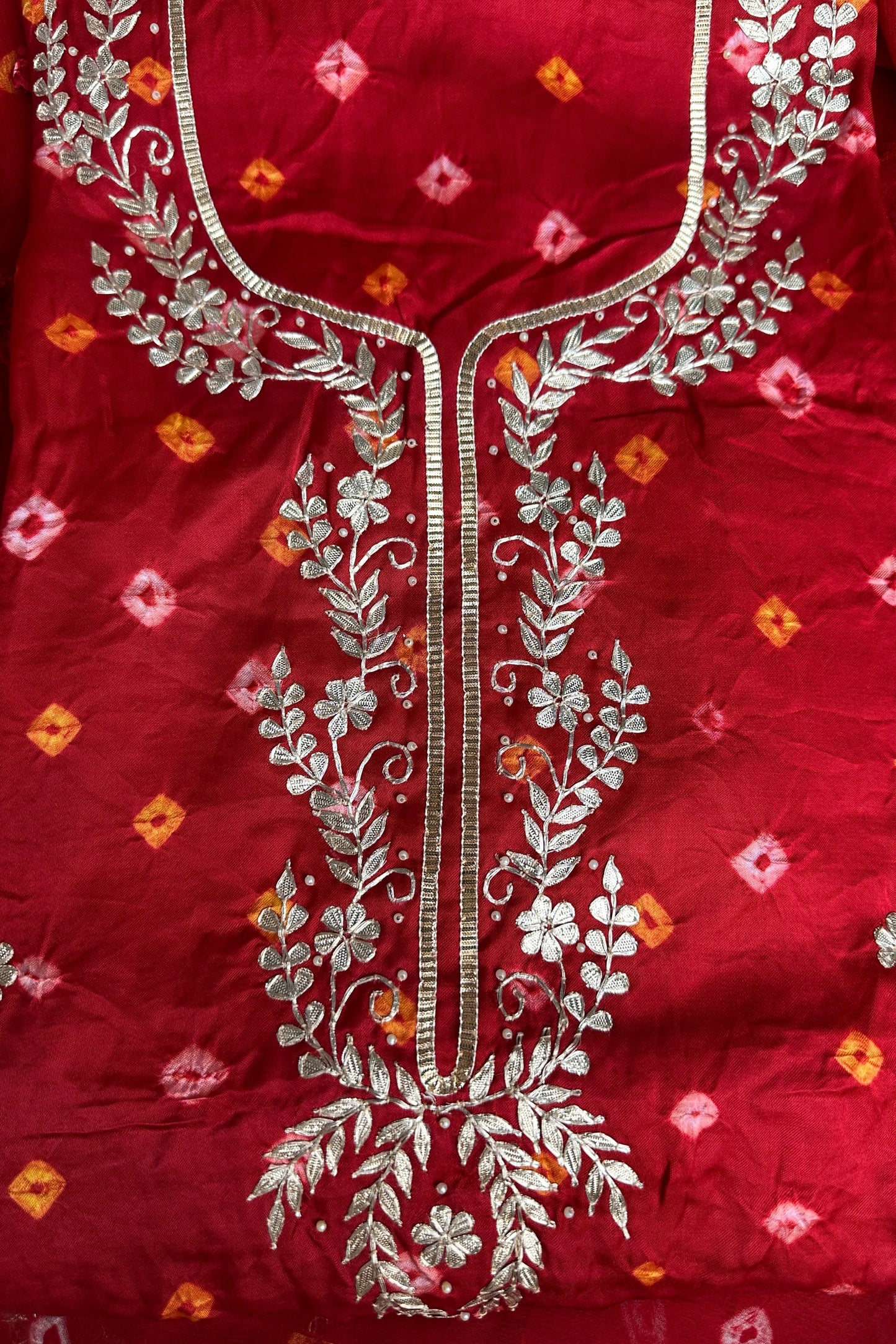 Bandhni Red Gajji Silk Unstitched Suit Set With Gota Patti Work