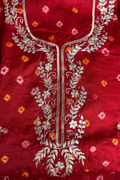 Bandhni Red Gajji Silk Unstitched Suit Set With Gota Patti Work