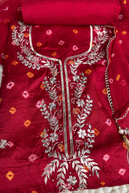 Bandhni Red Gajji Silk Unstitched Suit Set With Gota Patti Work