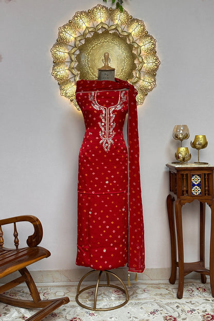 Bandhni Red Gajji Silk Unstitched Suit Set With Gota Patti Work