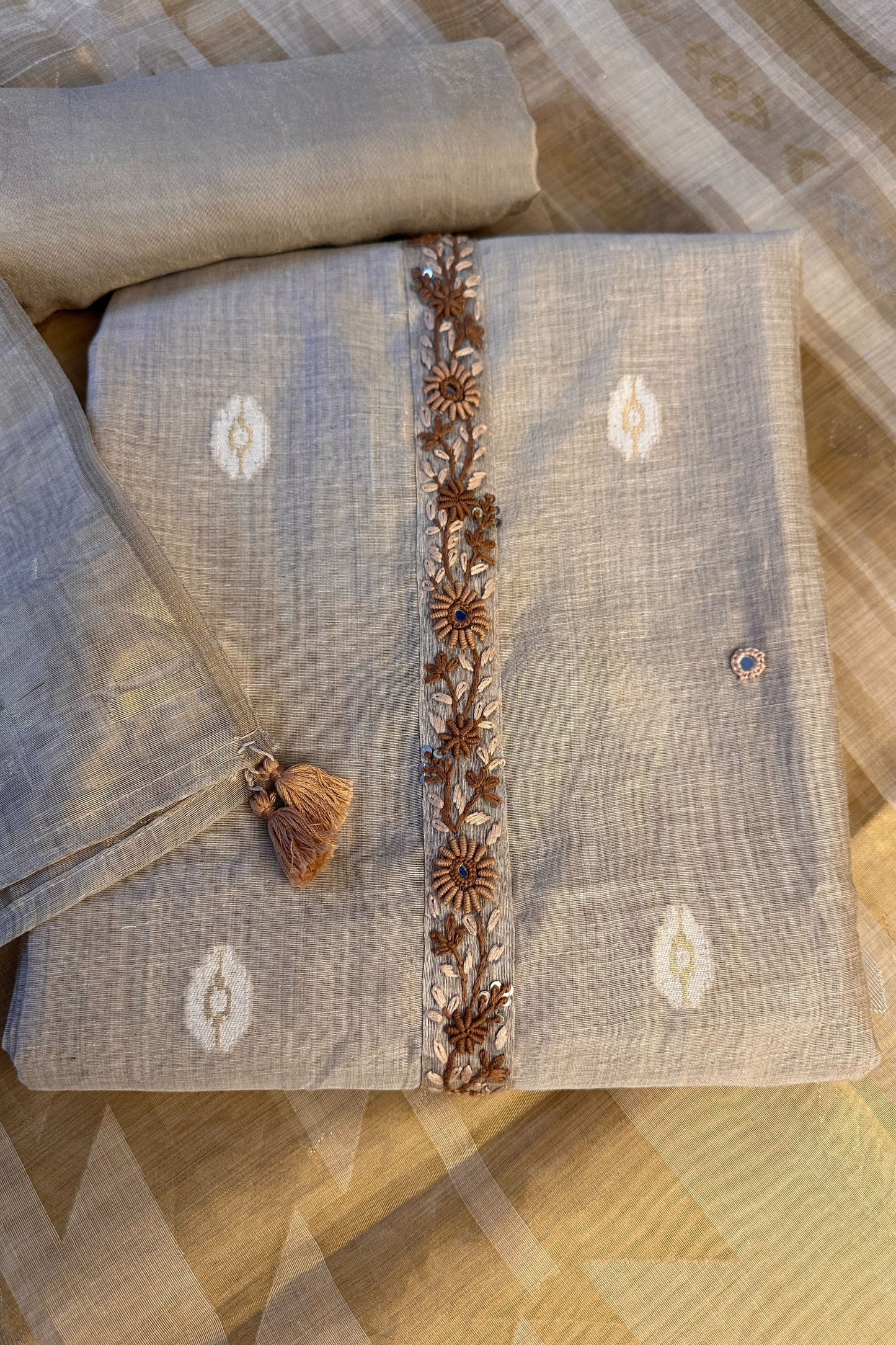 Linen Silk Beige Jamdaani Weaved Hand Embroidered Unstitched Suit Set