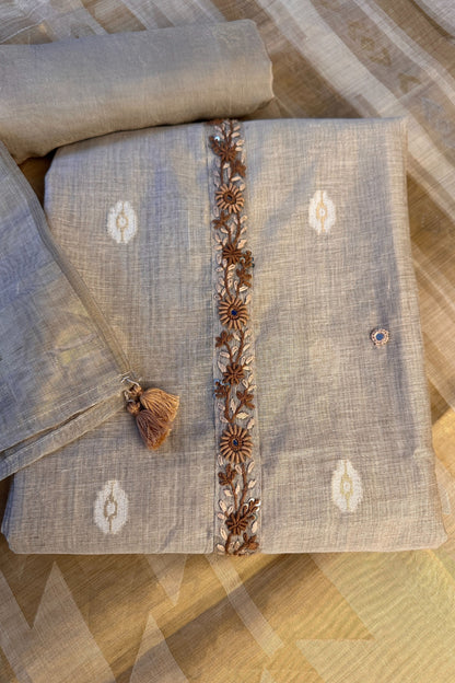 Linen Silk Beige Jamdaani Weaved Hand Embroidered Unstitched Suit Set