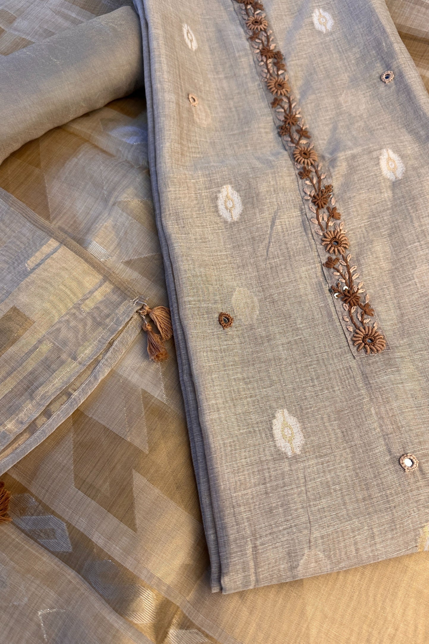 Linen Silk Beige Jamdaani Weaved Hand Embroidered Unstitched Suit Set