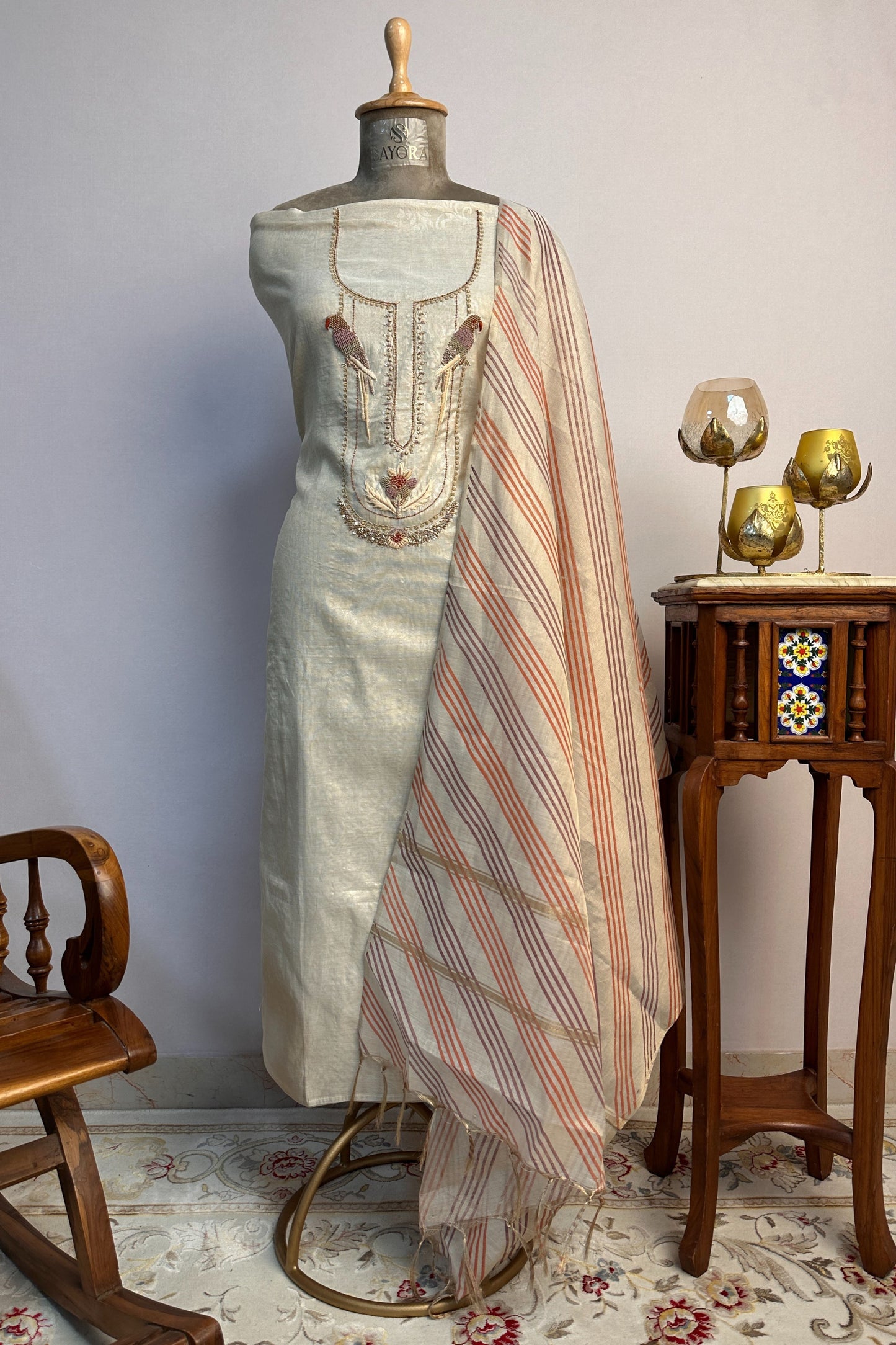 Beige Tissue Parrot Zardozi Handwork Unstitched Suit Set