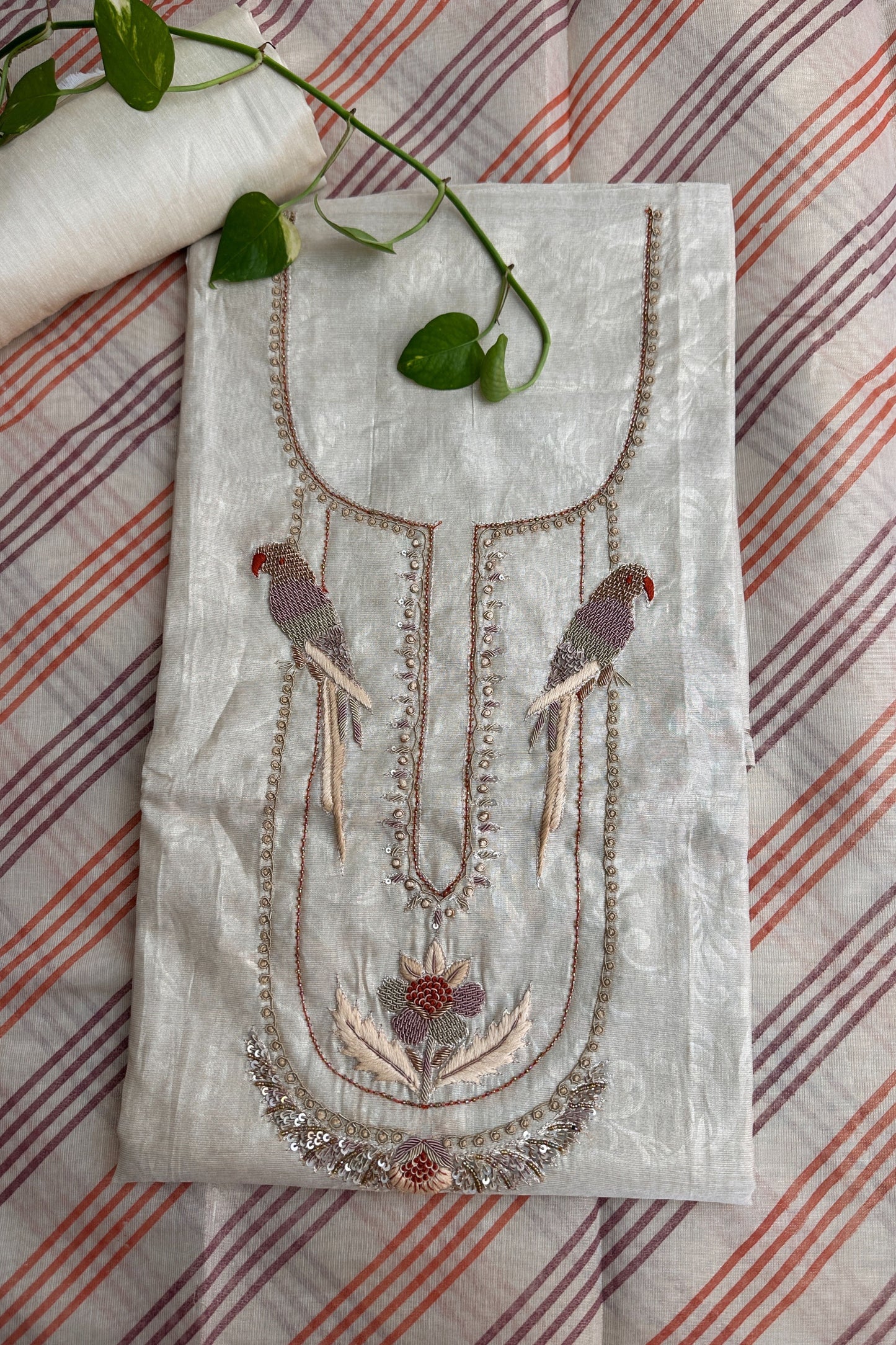 Beige Tissue Parrot Zardozi Handwork Unstitched Suit Set