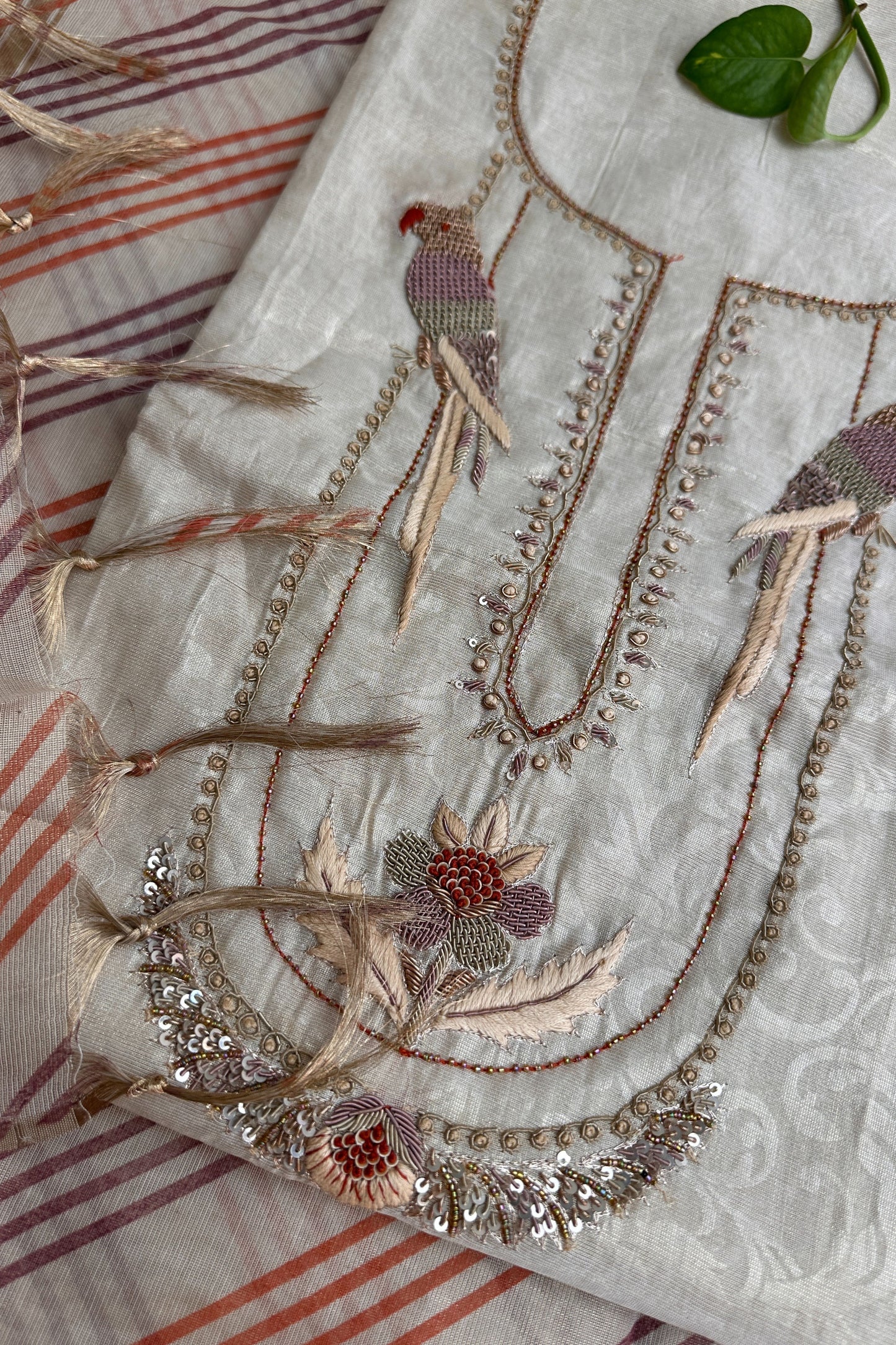 Beige Tissue Parrot Zardozi Handwork Unstitched Suit Set