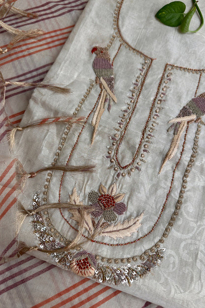 Beige Tissue Parrot Zardozi Handwork Unstitched Suit Set