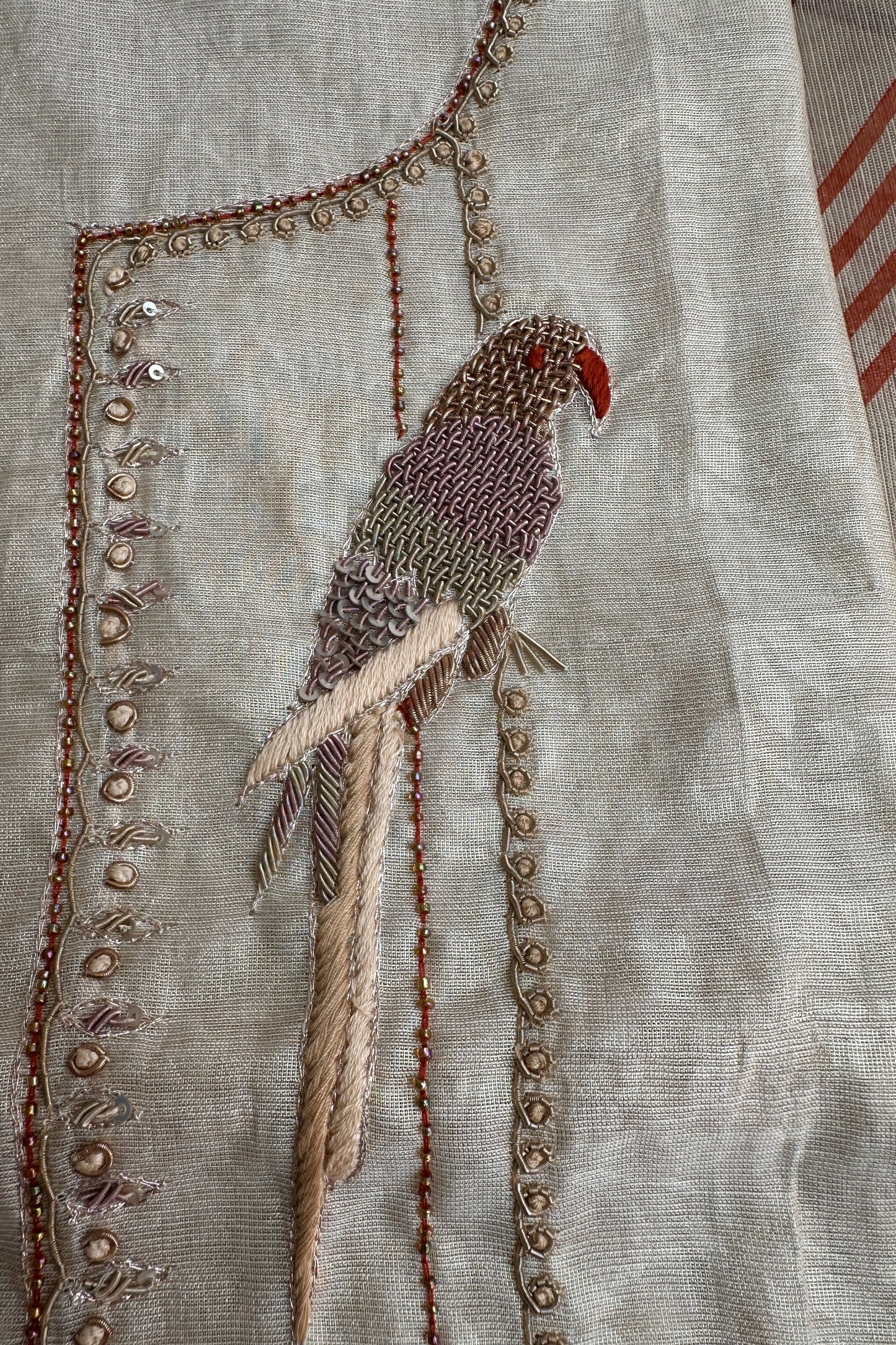 Beige Tissue Parrot Zardozi Handwork Unstitched Suit Set