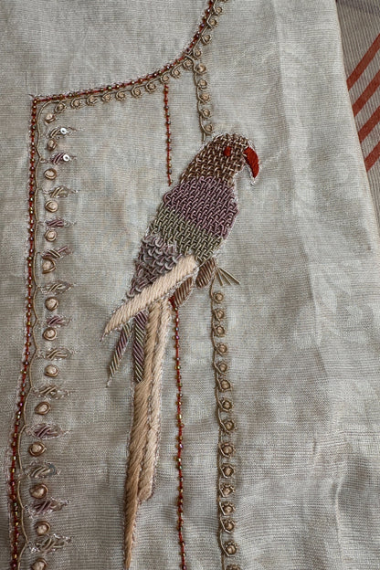 Beige Tissue Parrot Zardozi Handwork Unstitched Suit Set
