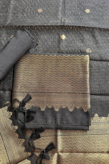 Black Chanderi Gold Zari Jamdani Weaving Unstitched suit Set