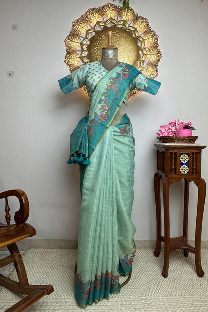 Raw Linen Silk Summer Special Saree With Stitched Designer Blouse