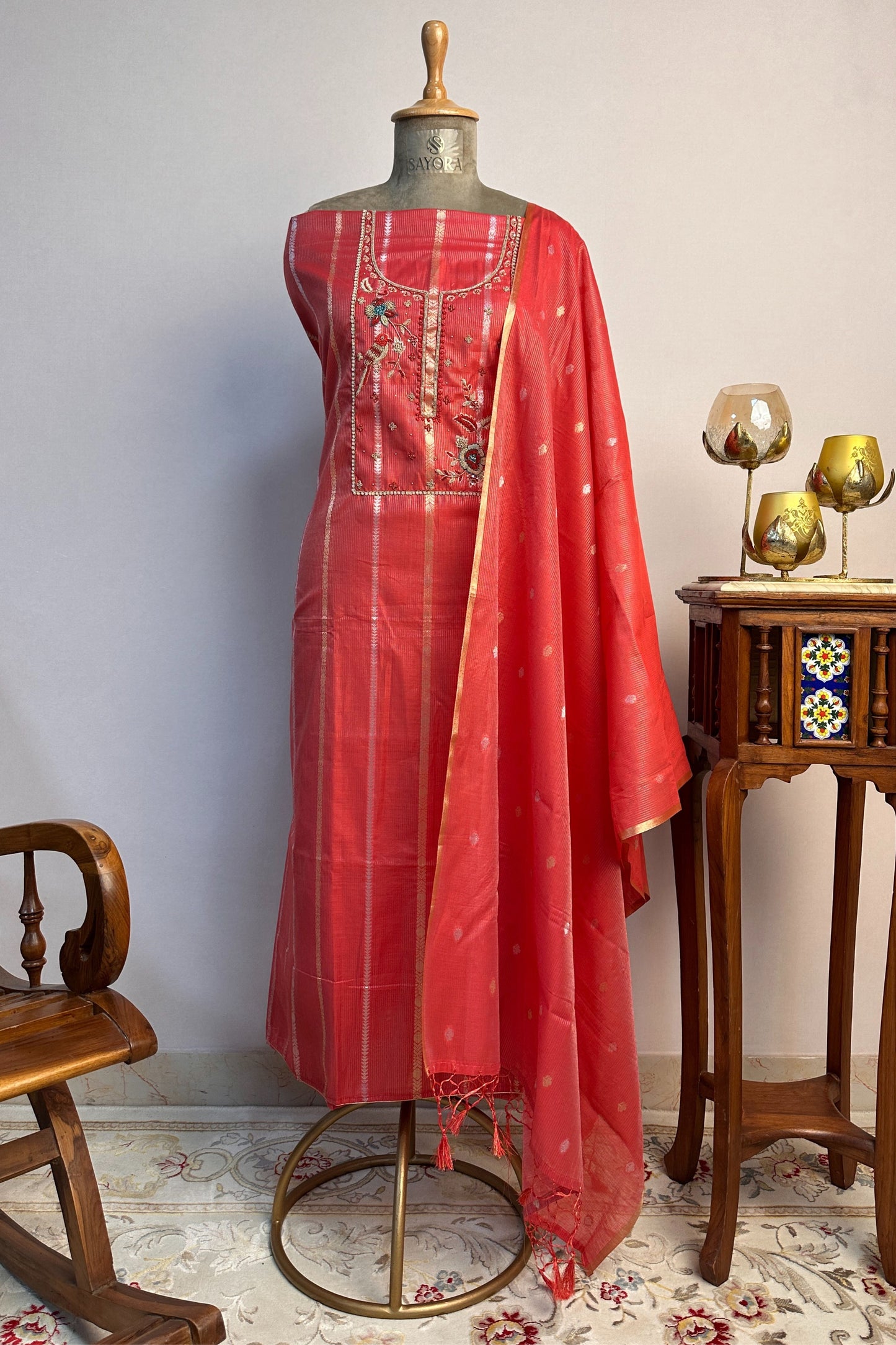 Chanderi Banarasi Zardozi Handwork Brick Red Unstitched Suit Set