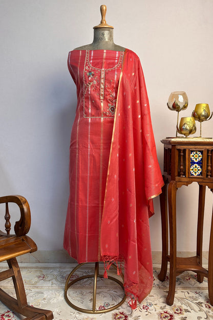 Chanderi Banarasi Zardozi Handwork Brick Red Unstitched Suit Set