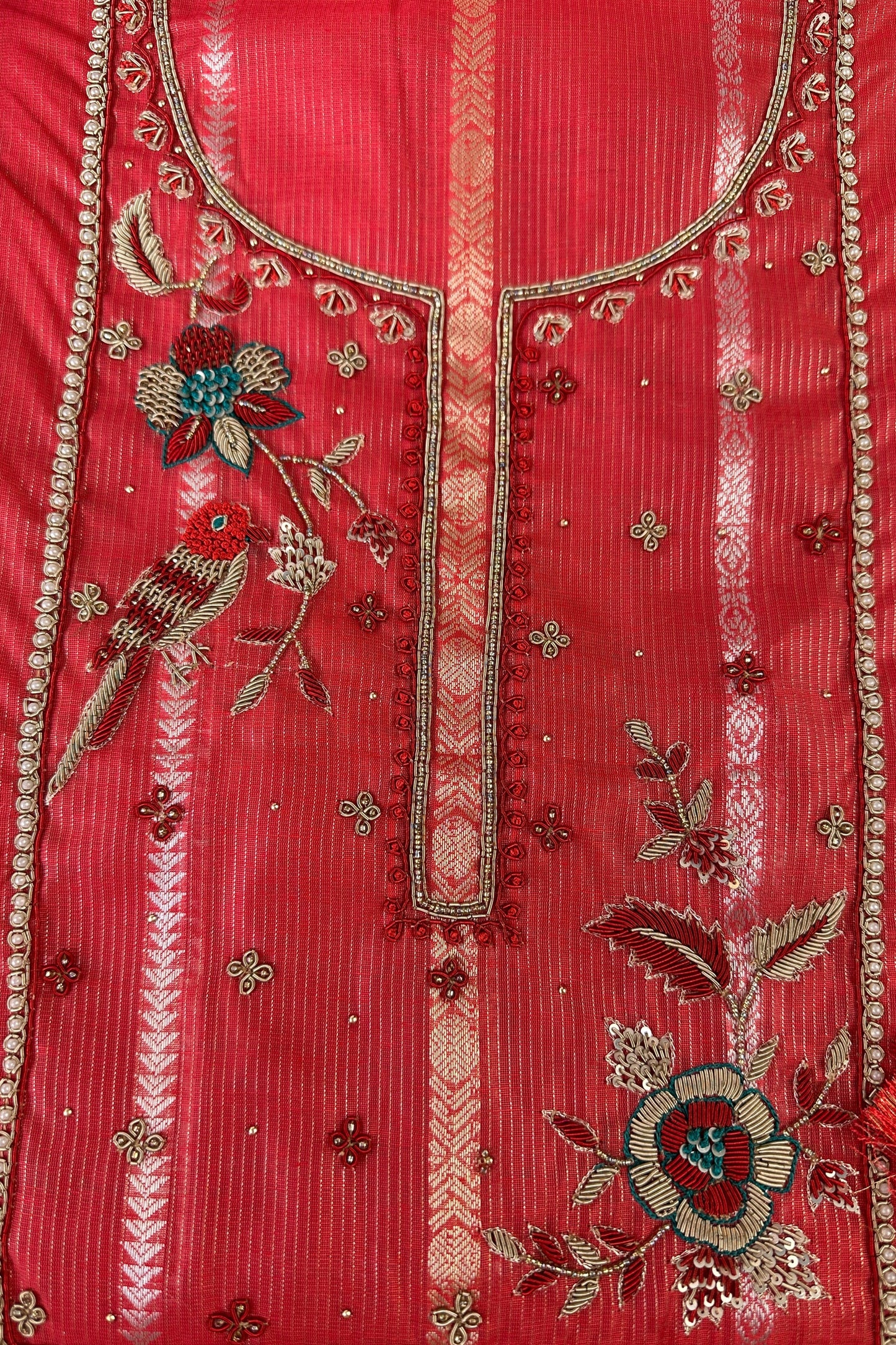 Chanderi Banarasi Zardozi Handwork Brick Red Unstitched Suit Set