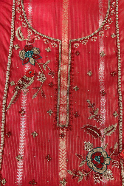 Chanderi Banarasi Zardozi Handwork Brick Red Unstitched Suit Set